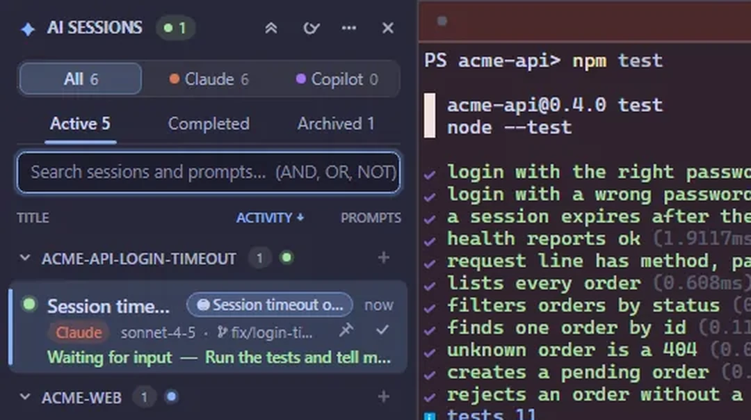 The AI Sessions panel listing Claude Code sessions grouped by project folder, each with a live status such as Waiting for input, Thinking or Running a tool.