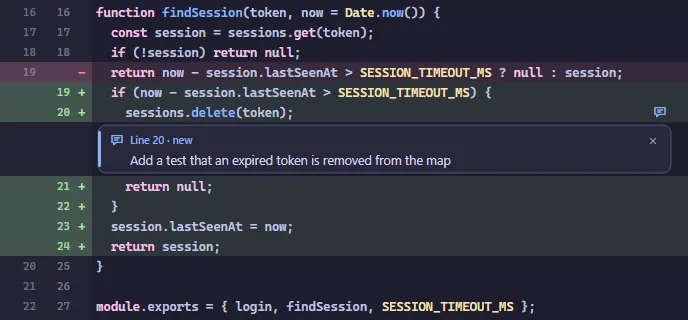 The diff review screen with a review comment left on a changed line of code.