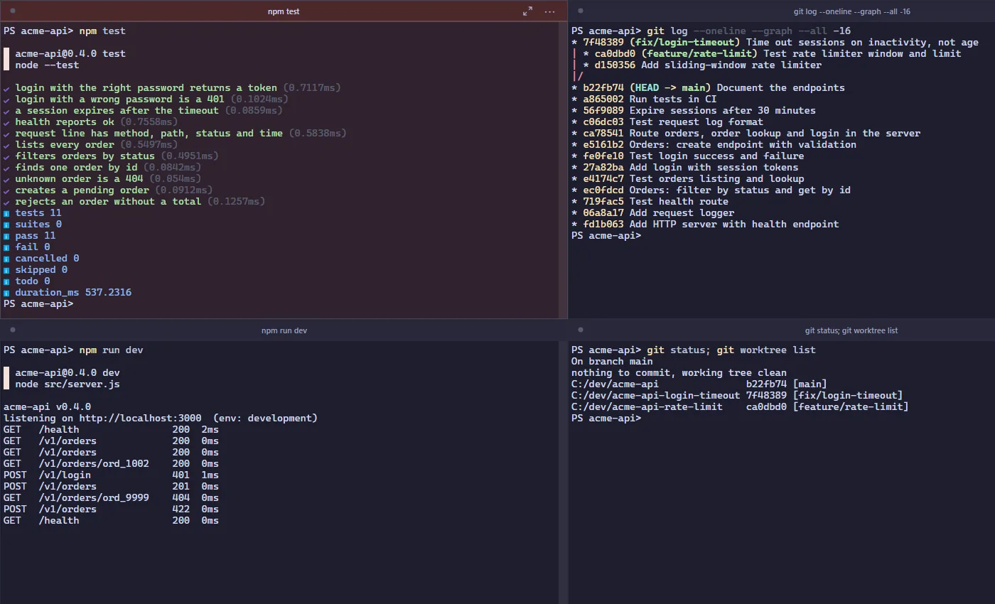 Terminal Command Center with four terminal panes: tests passing, a git history graph, a dev server request log and git worktree status.