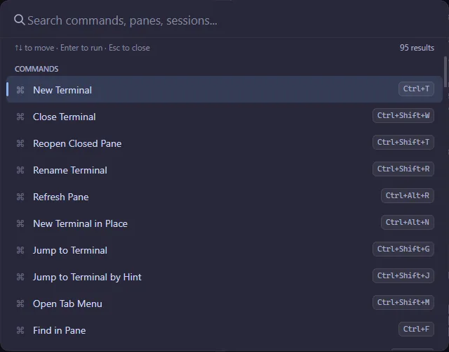 The command palette listing commands such as New Terminal and Jump to Terminal by Hint, each with its keyboard shortcut.