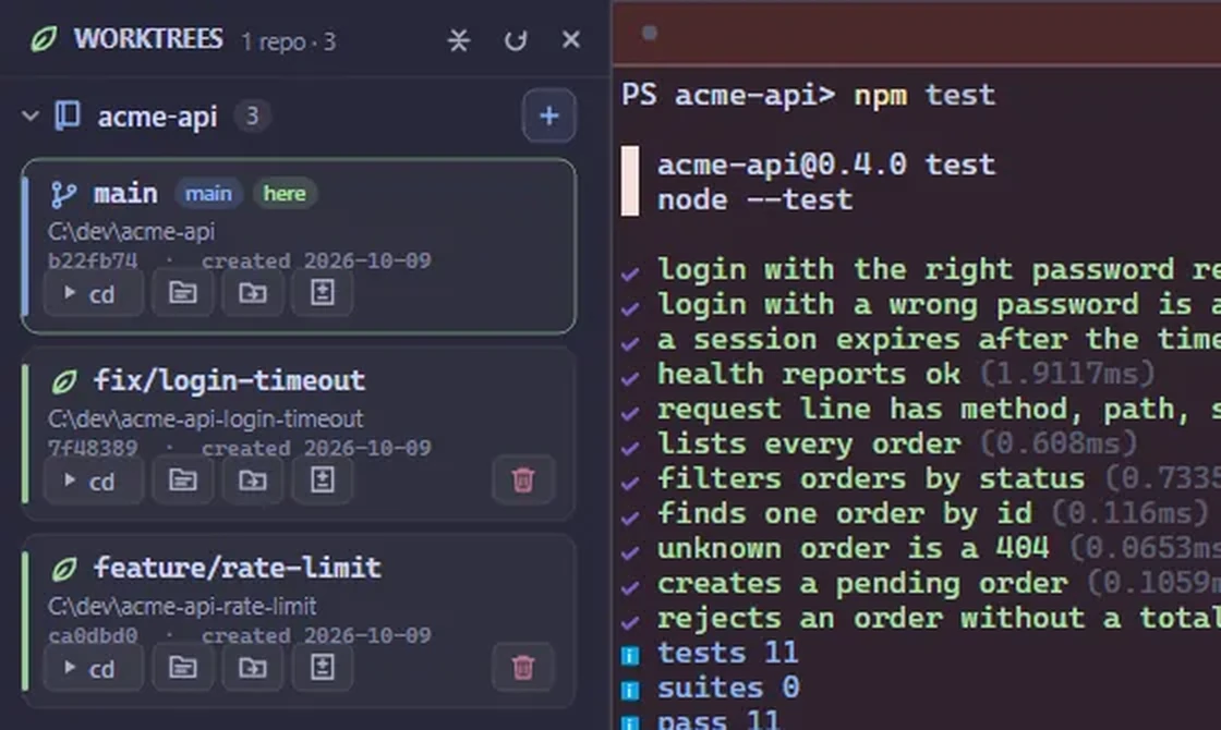 The Git Worktrees panel showing three worktrees of one repository with buttons to open, review or delete each.